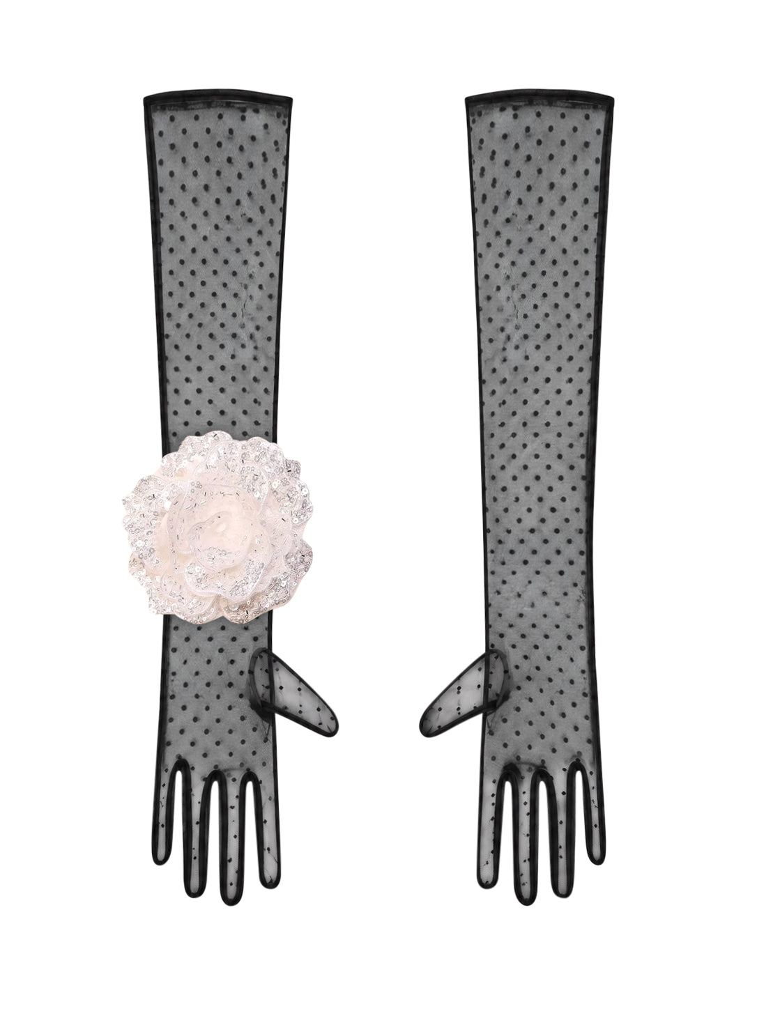 Long Black Polka Dot Gloves With White Sequin Rose