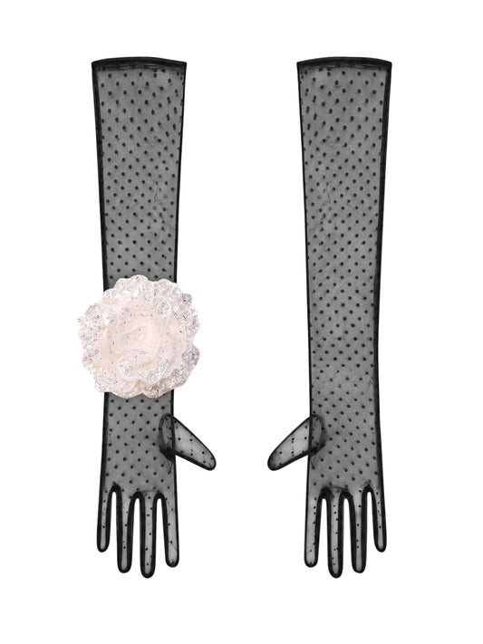 Long Black Polka Dot Gloves With White Sequin Rose