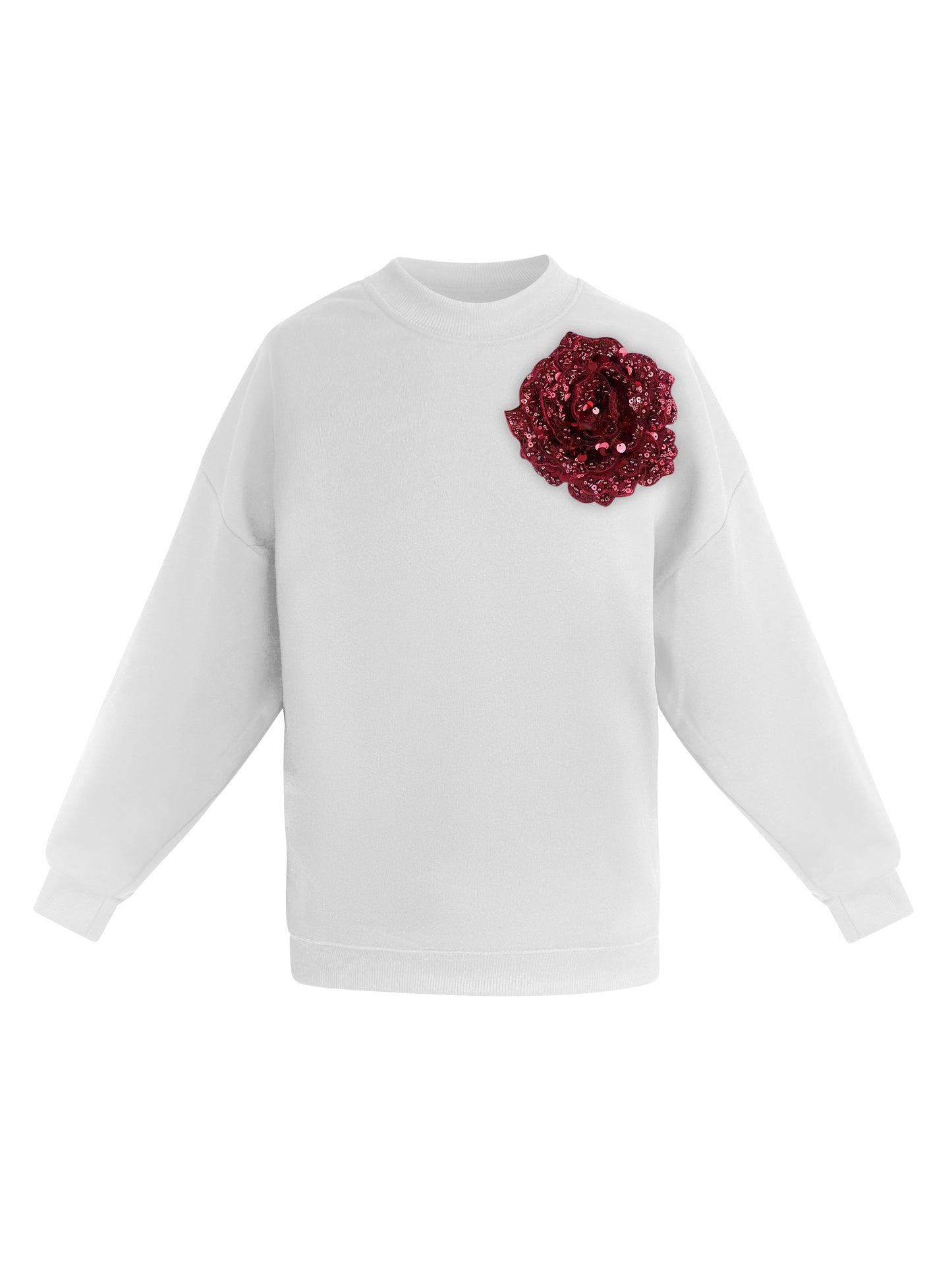 Cotton Sweatshirt With Burgundy Sequin Flower