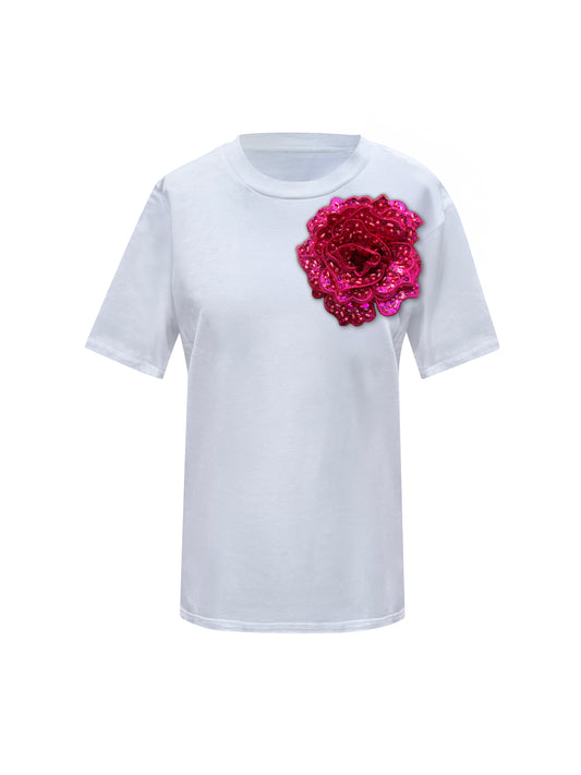 White Cotton T-Shirt With Fuchsia Sided Rose