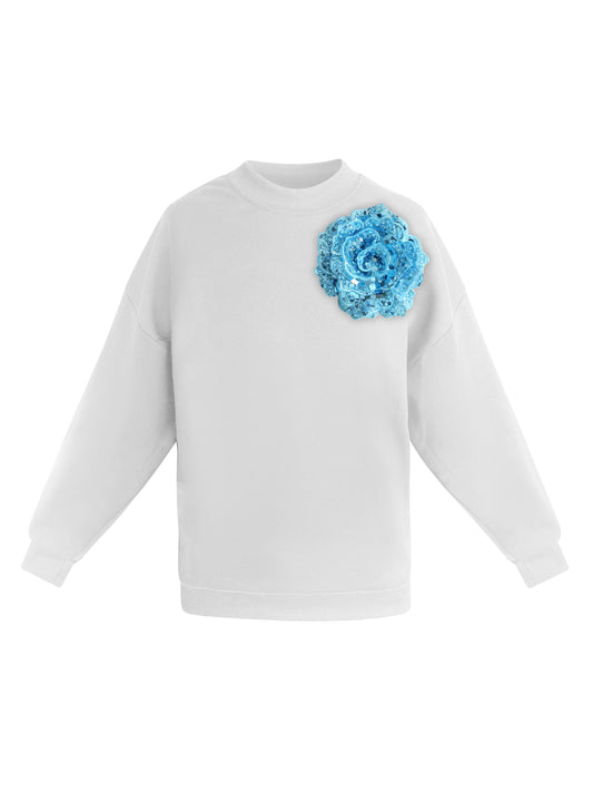 Cotton Sweatshirt With Sky Blue Sequin Flower
