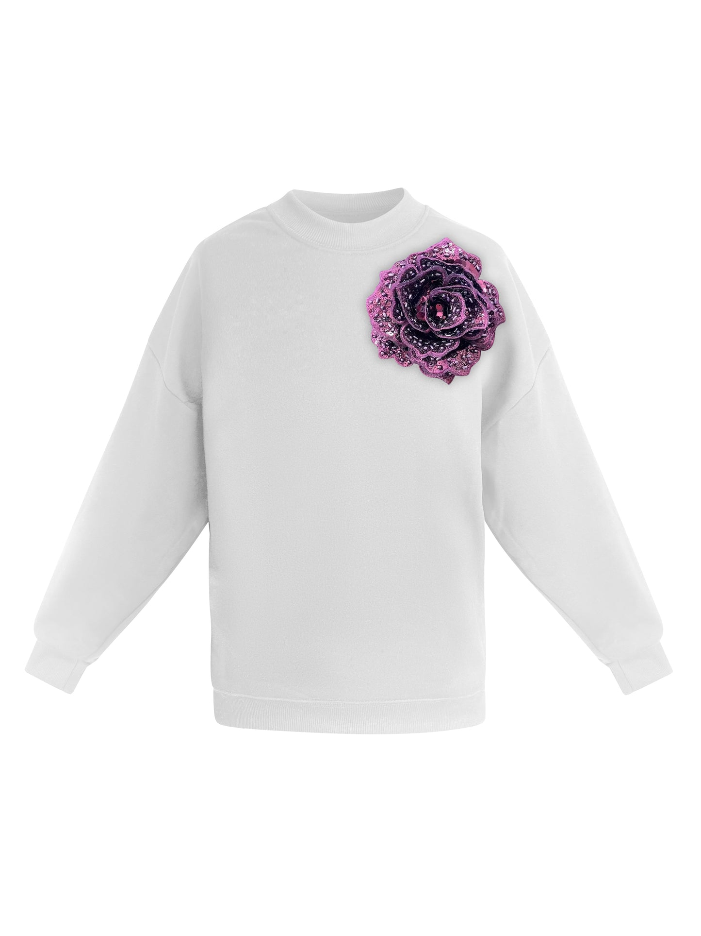 Cotton Sweatshirt With Sky Wine Sequin Flower