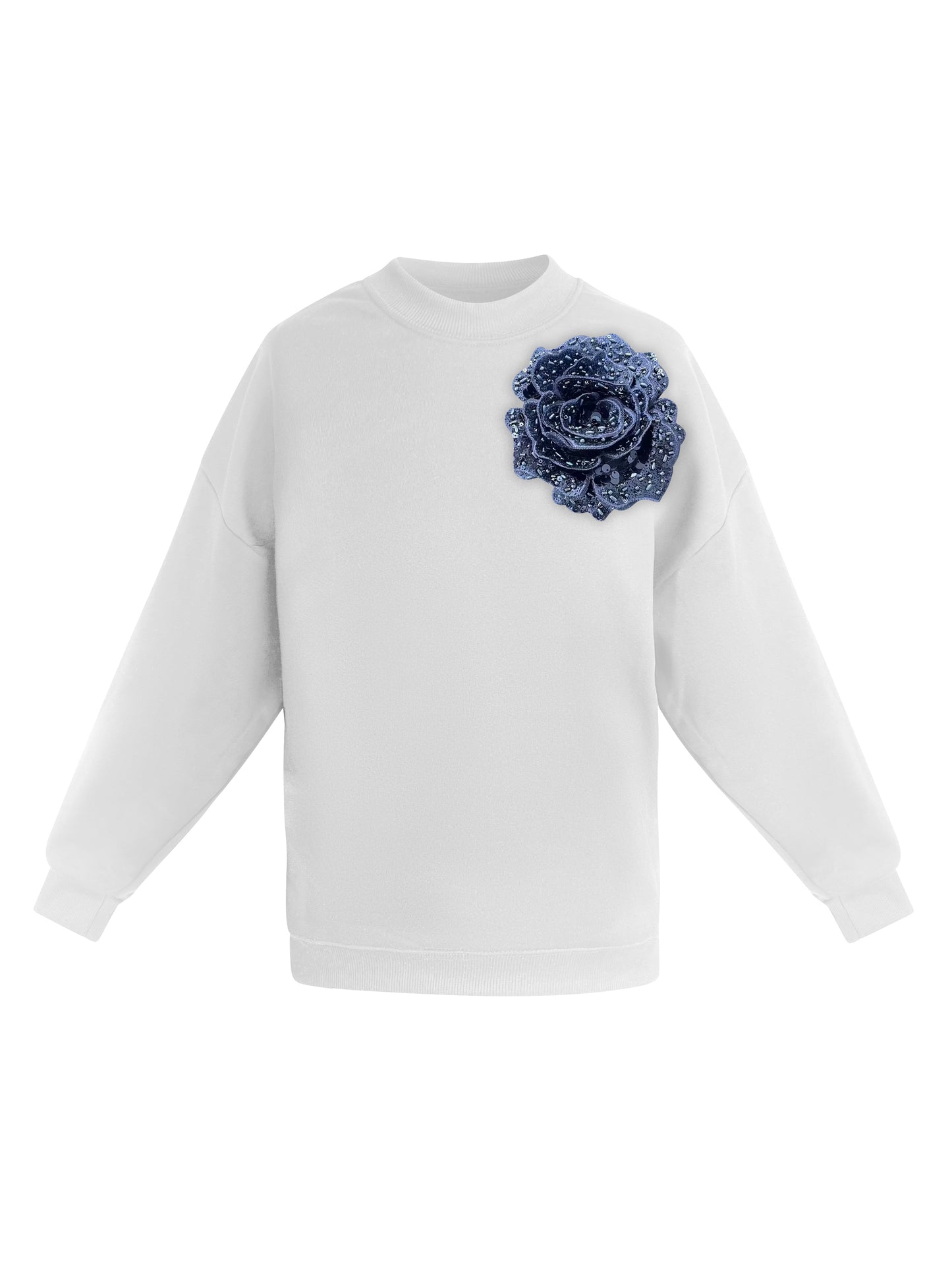 Cotton Sweatshirt With Navy Sequin Flower