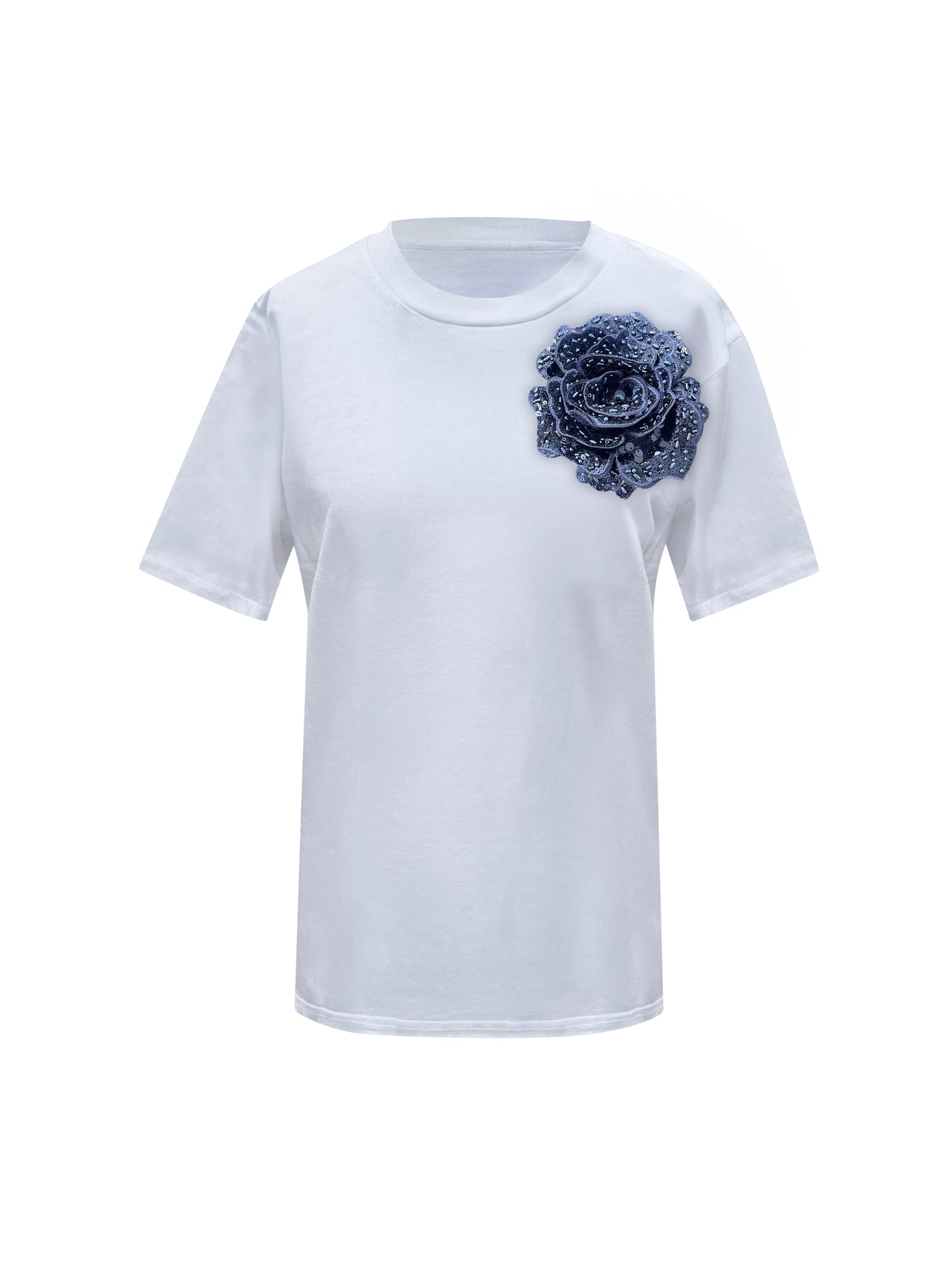 White Cotton Toma T-Shirt With Sequin Flower