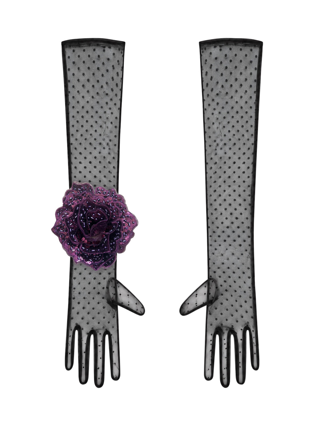 Long Black Polka Dot Gloves With Purple Wine Sequin Rose