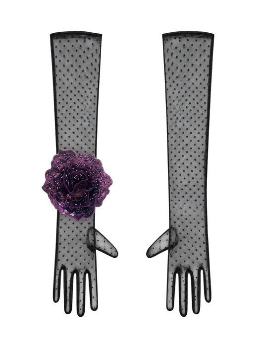 Long Black Polka Dot Gloves With Purple Wine Sequin Rose