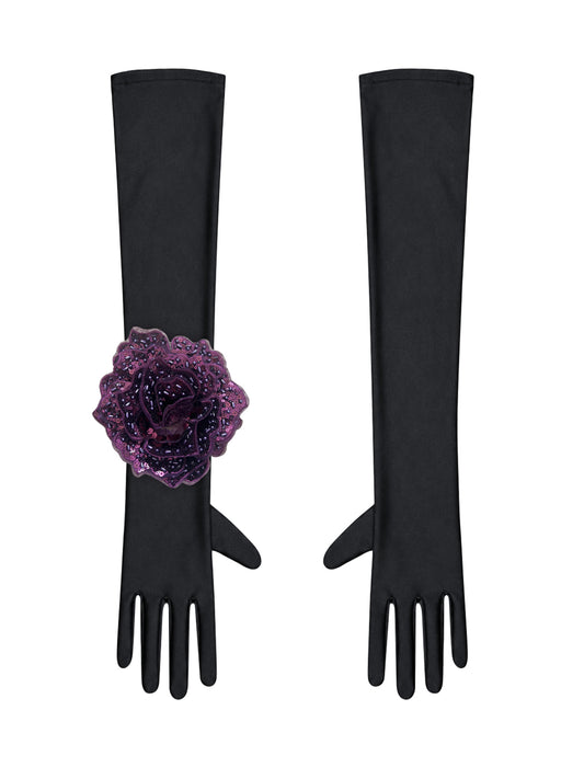 Black Evening Chic Gloves With Dark Purple Sequin Rose
