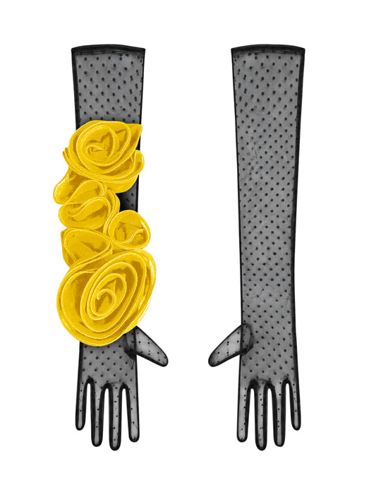 Black Polka Dot Gloves With Yellow Flower