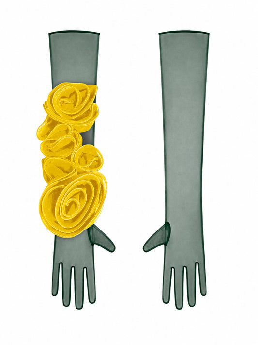 Dark Green Gloves With Yellow Flower
